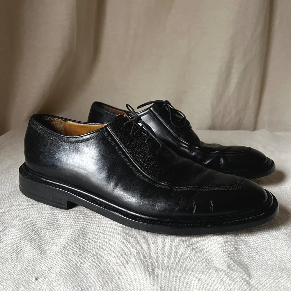 A. Testoni Black Leather Apron Toe Oxford Dress Shoes‎ Sz 10M Italy
